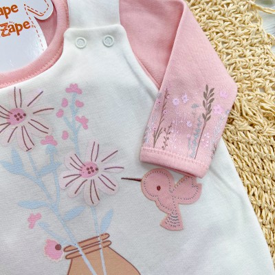Conj. Body Manga Longa e Jardineira Suedine - Passarinhos - Off White e Rose